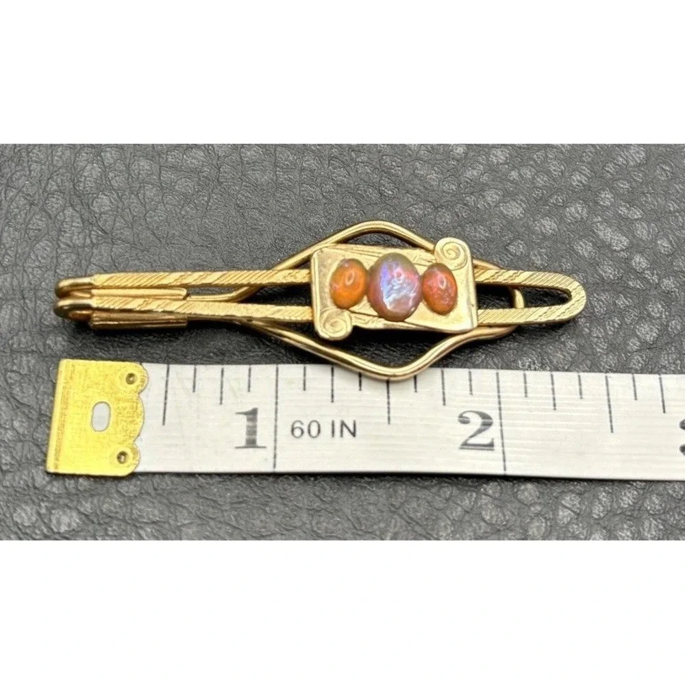 Vintage Dragon's Breath Cabochon Gold Plated Scroll Detail Tie Bar Clip Pin